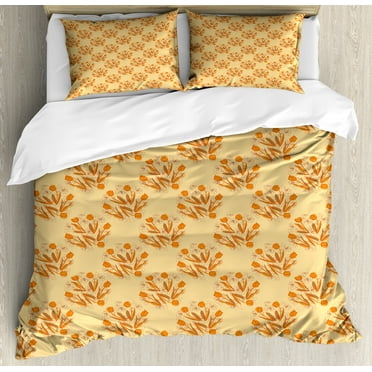 Orange Duvet Cover Set, Nostalgic Floral Concept with Repetitive Tulip Flowers Sketches, Decorative 3 Piece Bedding Set with 2 Pillow Shams, Calking Size, Marigold Ginger, by Ambesonne