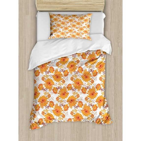 Orange Duvet Cover Set, Old Fashion Flowers in Full Blossom Damask Inspired Traditional Vintage, Decorative 2 Piece Bedding Set with 1 Pillow Shams, Twin Size, Orange Marigold Maroon, by Ambesonne