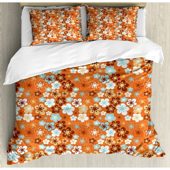 Orange Duvet Cover Set, Old Fashioned Doodle Flora Abstract Blooming Meadow in Summer Theme, Decorative 3 Piece Bedding Set with 2 Pillow Shams, Queen Size, Sky Blue Orange Brown, by Ambesonne