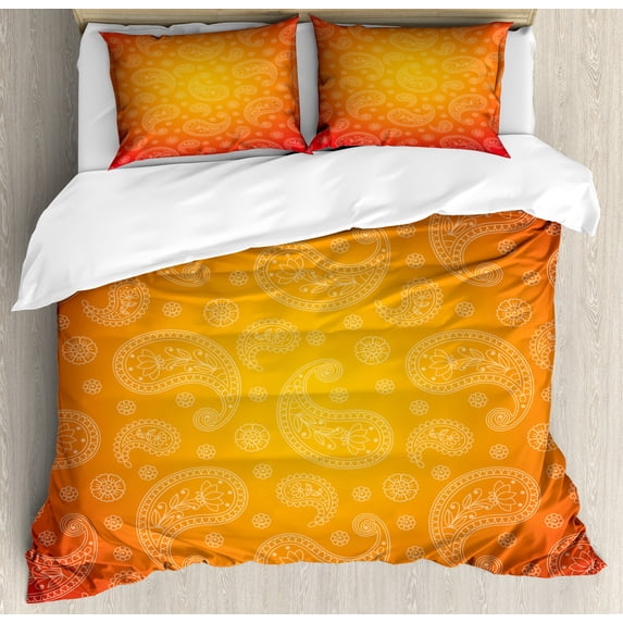 Orange Duvet Cover Set, Ombre Colored and Themed Image with Blank Frame and Floral Patterns, Decorative 3 Piece Bedding Set with 2 Pillow Shams, King Size, Orange and White, by Ambesonne