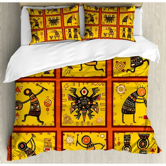 Orange Duvet Cover Set, Patterns Aboriginal Native Culture Arrangement, Decorative 3 Piece Bedding Set with 2 Pillow Shams, Queen Size, Coral Black Yellow, by Ambesonne