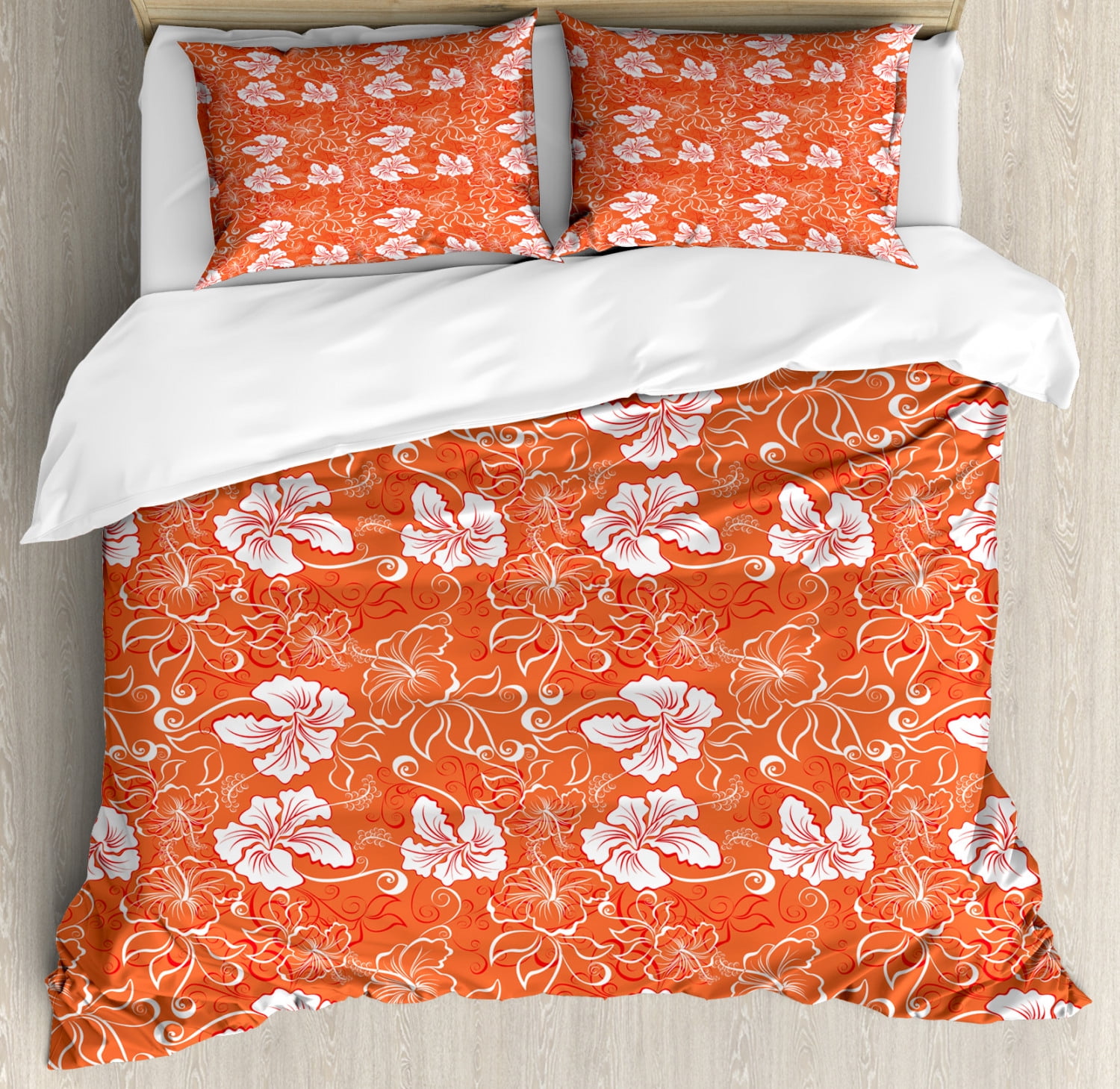 Orange and White Hawaiian Pattern Queen Duvet Cover Set