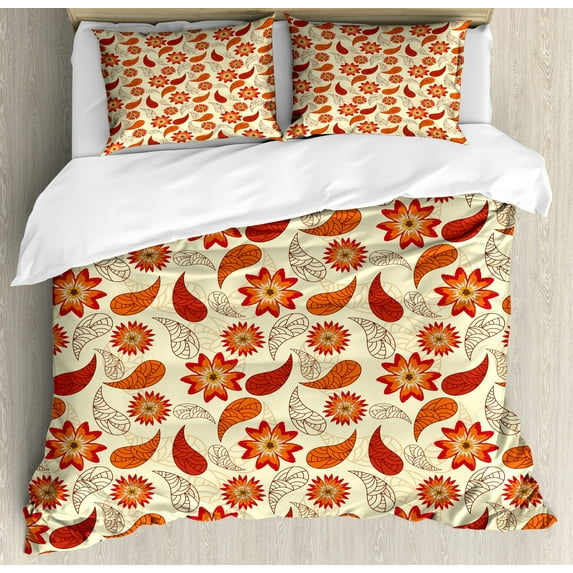 Orange Duvet Cover Set, Red Poppy Flowers in Retro Style and Leaves Flourish Paisley Pattern, Decorative 3 Piece Bedding Set with 2 Pillow Shams, Queen Size, Orange Red Peach, by Ambesonne