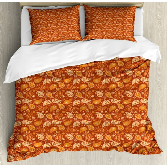 Orange Duvet Cover Set, Retro Style Pattern with Paisley and Flowers Ornate Leave, Decorative 3 Piece Bedding Set with 2 Pillow Shams, King Size, Redwood Orange Cream, by Ambesonne