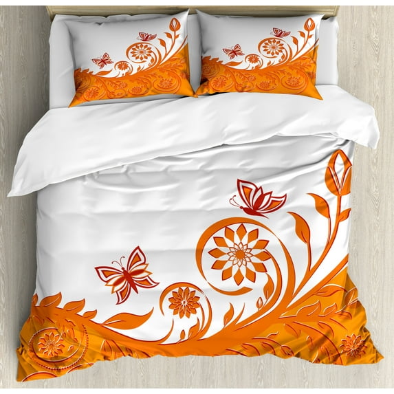 Orange Duvet Cover Set, Rose Branch Motif with Floral Swirls in Old Fashioned Style Butterflies, Decorative 3 Piece Bedding Set with 2 Pillow Shams, Calking Size, Orange White, by Ambesonne