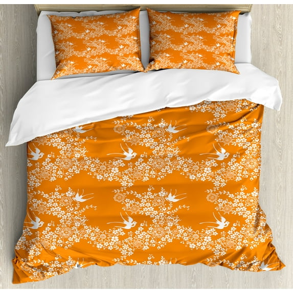 Orange Duvet Cover Set, Style Spring Meadow Pattern with Branches in Full Blossom with Birds Nature, Decorative 3 Piece Bedding Set with 2 Pillow Shams, King Size, Orange White, by Ambesonne