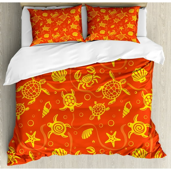 Orange Duvet Cover Set, Swimming Turtles and Crabs with Seashells Bubbles and Starfish Tropical, Decorative 3 Piece Bedding Set with 2 Pillow Shams, Queen Size, Burnt Orange Yellow, by Ambesonne
