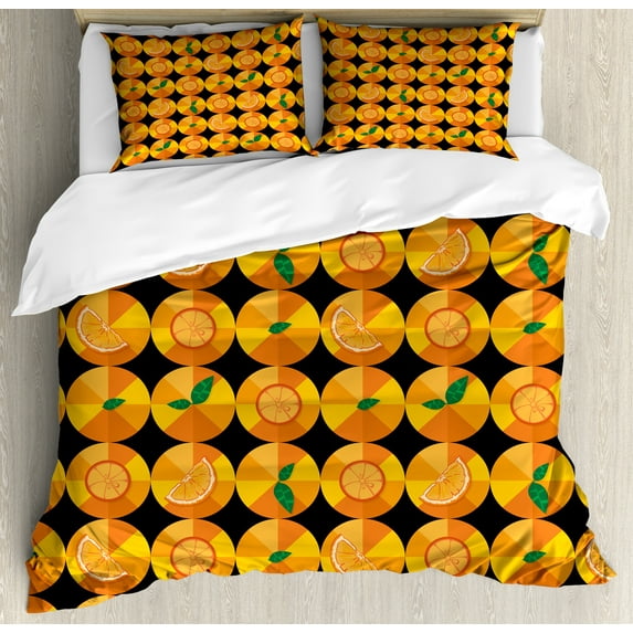 Orange Duvet Cover Set, Tangerine Tones Citrus Rhythmic Pattern, Decorative 3 Piece Bedding Set with 2 Pillow Shams, King Size, Charcoal Grey Orange, by Ambesonne
