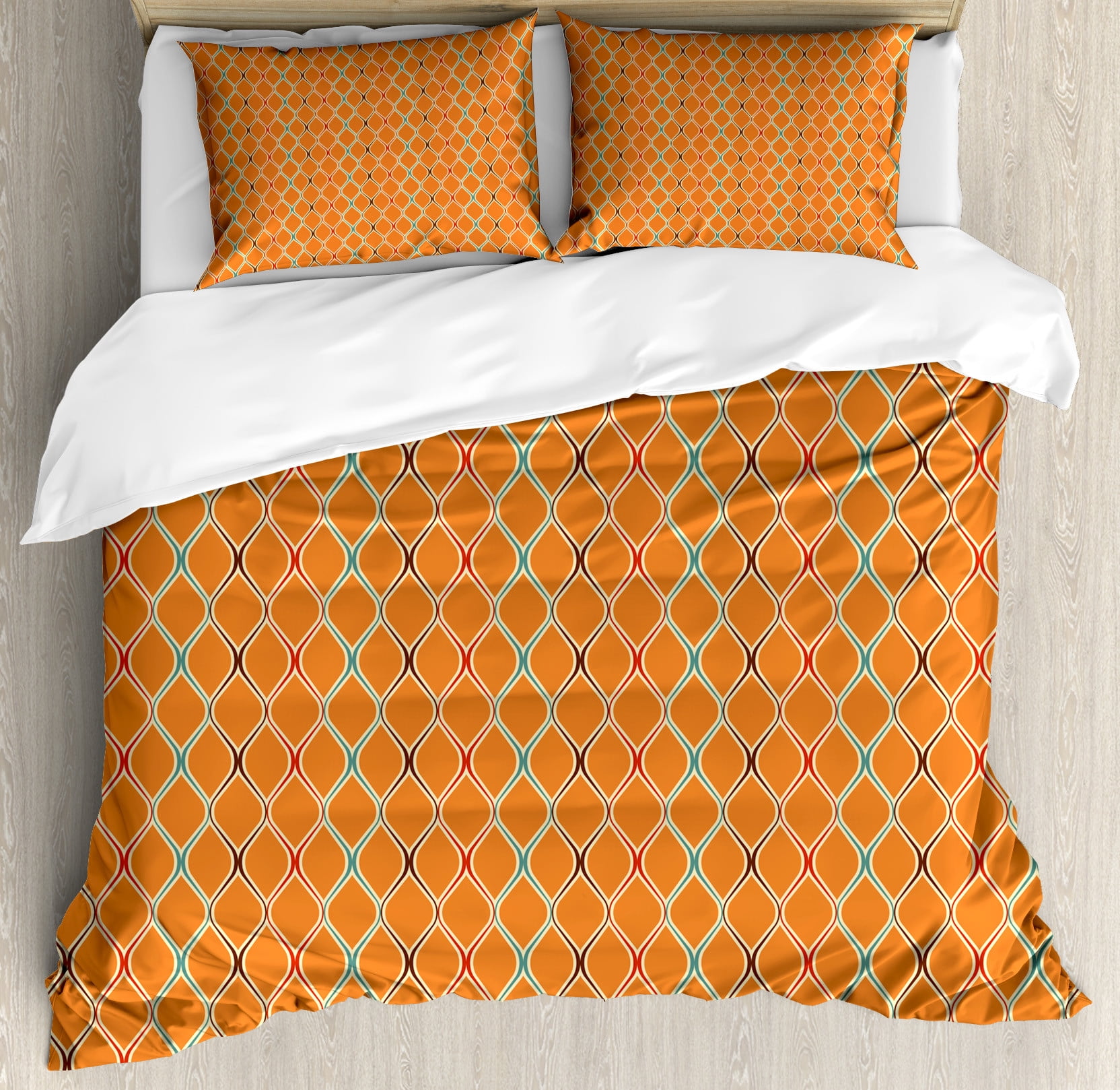 Orange Duvet Cover Set, Vibrant Old Fashion Trippy with Unusual Shapes