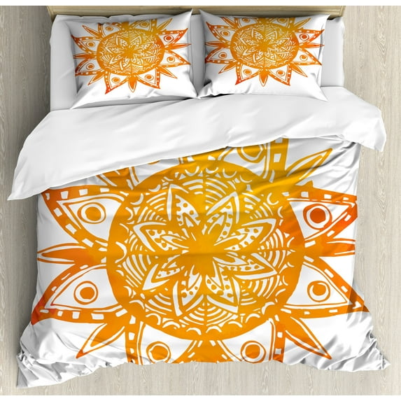 Orange Duvet Cover Set, Watercolor Style Hand Drawn Sun Mandala Print, Decorative 3 Piece Bedding Set with 2 Pillow Shams, Queen Size, Orange White, by Ambesonne