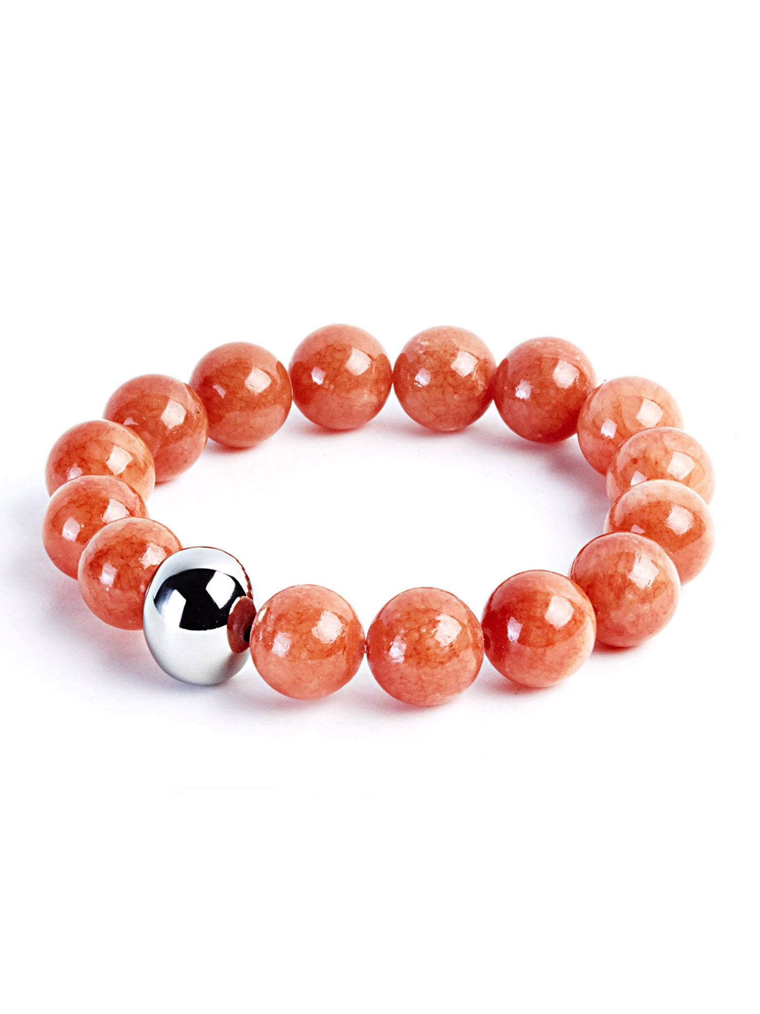 Orange Dyed Jade and Stainless Steel Bead Stretch Bracelet