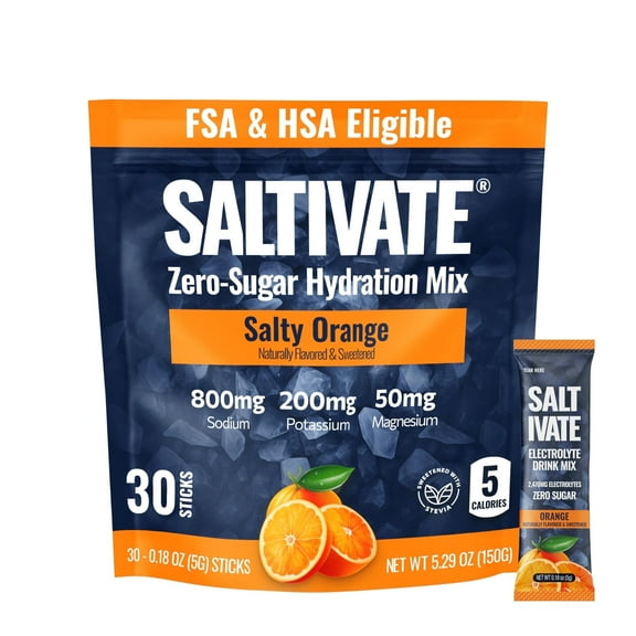 Saltivate Orange Electrolyte Powder 800mg Sodium Stevia-Sweetened Sugar Free 30 Count