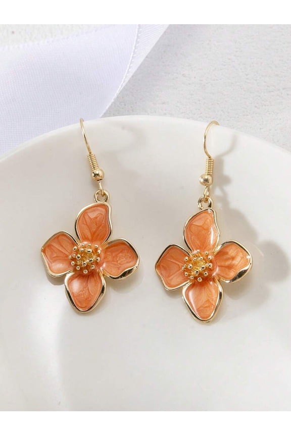 Orange Enamel Floral Dangle Earrings With Goldtone Setting
