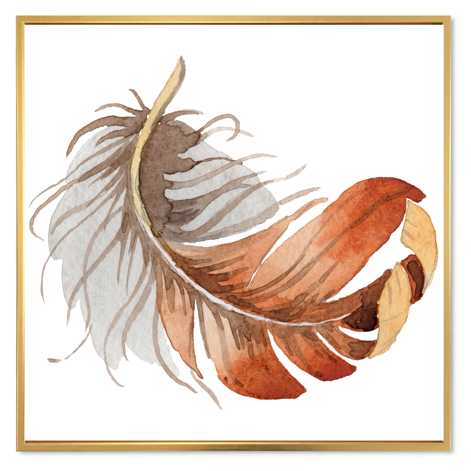 Orange Ethnic Bird Feather On White 16 in x 16 in Framed Painting Canvas Art Print, by Designart