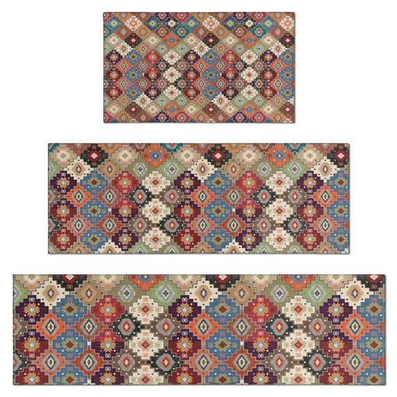 Orange Ethnic Rhombus Pattern Kitchen Rugs Sets Of 3,Kitchen Runner Rugs Non Skid Washable,Decorative Kitchen Floor Mats for Kitchen,Sink,Laundry,17"x30"+ 17"x47" + 17"x59"