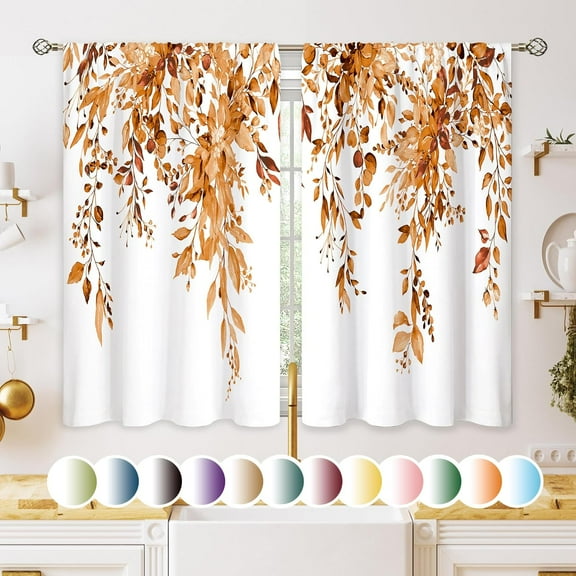 Orange Eucalyptus Botanical Leaves Floral Kitchen Window Curtains Over Sink Farmhouse Flower Fall Small Window Treatment Cafe Short Curtains for Bathroom Treatment Tier Drapes 27.5x39 inch