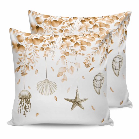 Orange Eucalyptus Coastal 24x24 Pillow Covers Set of 2, Beach Starfish Conch Throw Pillow Covers Decorative Couch Cushion Case, Microfiber Square Pillowcases for Bedroom Car Living Room