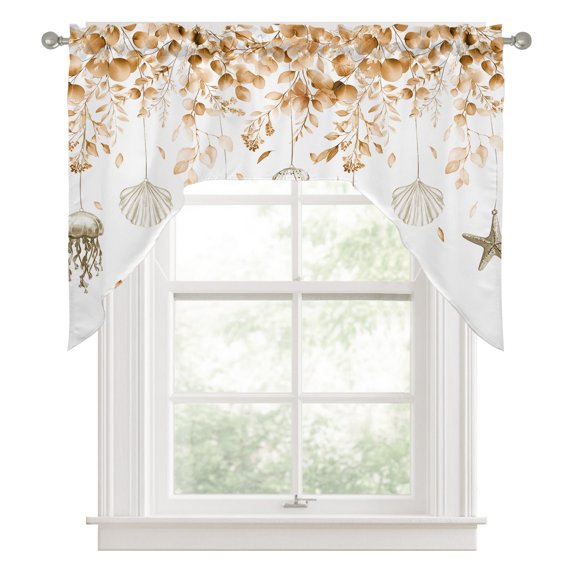 Orange Eucalyptus Coastal Swag Valances for Windows, Beach Starfish Conch Kitchen Valance Rod Pocket Window Treatment, Bathroom Swag Curtain Panel for Living Room, 56 x 36 inch