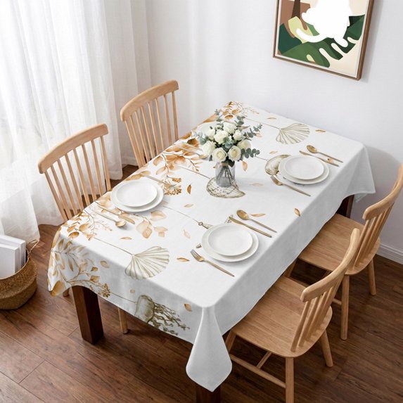 Orange Eucalyptus Coastal Table Cloth Waterproof Tablecloths, Beach Starfish Conch Tablecloth Dining Table Cover for Kitchen Party Tabletop Outdoor, Rectangle Tablecloth 60x84 Inch