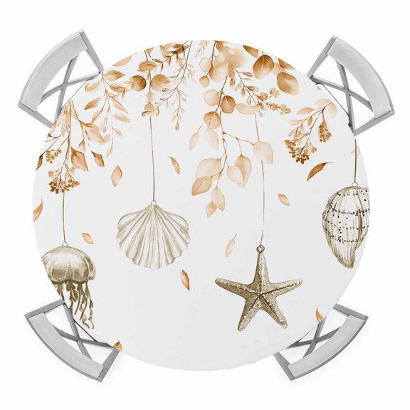 Orange Eucalyptus Leaf Elastic Fitted Round Table Cover Starfish Shell Waterproof Outdoor Tablecloth for Holiday Party, Picnic, Patio & Dining Fits Tables Up to 36"-44"