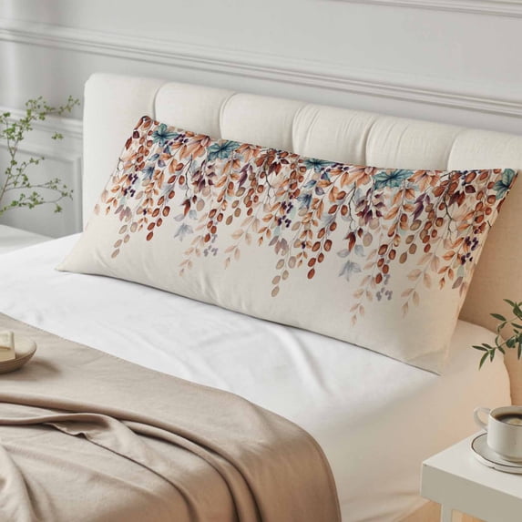 Orange Eucalyptus Leaves Body Pillow Cover, Pillowcase Protectors with Zipper, Breathable Decorative Throw Pillow Case Cover, Botanical Fall Rustic Beige Pillow Shams for Couch Sofa 20x60Inch