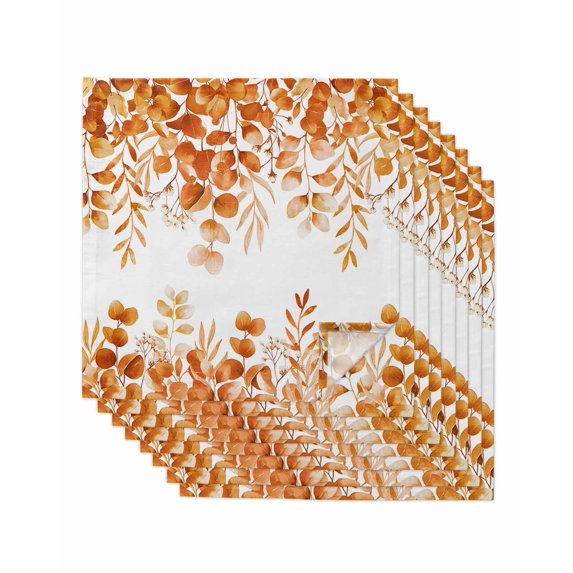 Orange Eucalyptus Leaves Cloth Napkins Set of 8 Reusable Dinner Napkins, Spring Summer Botanical Cocktail Napkin Washable Table Napkins for Wedding/Holiday Party/Baby Shower 20"x20"