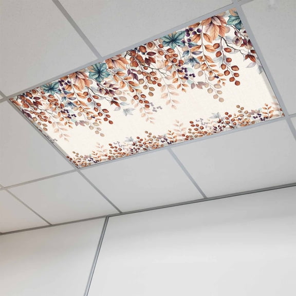 Orange Eucalyptus Leaves Fluorescent Light Covers, Botanical Fall Rustic Beige Magnetic Light Covers for Ceiling Lights, Fluorescent Ceiling Shade Filters for Classroom Bedroom Office 4x2Ft x 1PCS