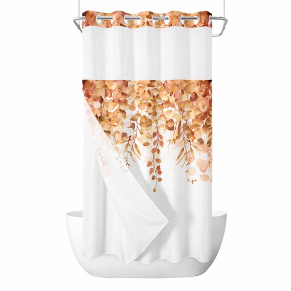 Orange Eucalyptus Leaves No Hook Shower Curtain with Snap in Liner, Spring Floral Summer Botanical Double-Layer Waterproof Shower Curtains for Bathroom Hotel Bathtub, Mesh Top & Stall 36"x78"