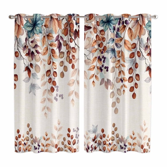 Orange Eucalyptus Leaves Kitchen Curtains 63 Inch Length, Botanical Fall Rustic Beige Grommet Top Bedroom Living Room Curtains, Light Filtering Cafe Curtain Drapes 2 Panels Set 84''x63''