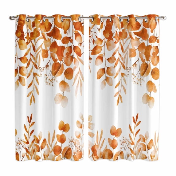 Orange Eucalyptus Leaves Kitchen Curtains Window Panels, Spring Summer Botanical Insulated Window Treatment Curtain, Grommet Curtains for Bedroom/Living Room/Bathroom, 2 Piece 42"Wx63"L