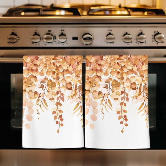 Orange Eucalyptus Leaves Kitchen Towels Set of 1, Spring Floral Summer Botanical Absorbent Dish Towels for Kitchen, Microfiber Hand Towel, Quick Drying Tea Towel for Cleaning Decorative Dishcloths