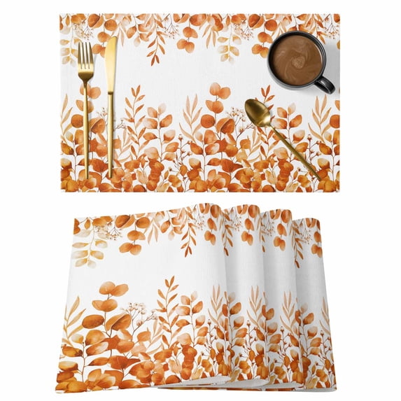 Orange Eucalyptus Leaves Placemats Set of 12, Watercolor Spring Summer Botanical Placemats for Dining Table, Place Mats for Kitchen Tabletop, Waterproof Wipeable Dining Table Mats Set