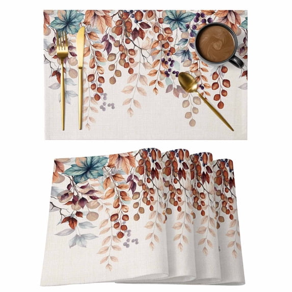 Orange Eucalyptus Leaves Placemats Set of 4, Botanical Fall Rustic Beige Placemats for Dining Table, Place Mats for Kitchen Tabletop, Waterproof Wipeable Dining Table Mats Set