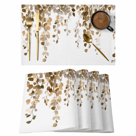 Orange Eucalyptus Leaves Placemats Set of 4,Cotton Linen Fabric Place Mats,Weeping Spring Botanical Summer Washable Decorative Table Mats Protector for Home Kitchen Dining Wedding Party Coffee Tables