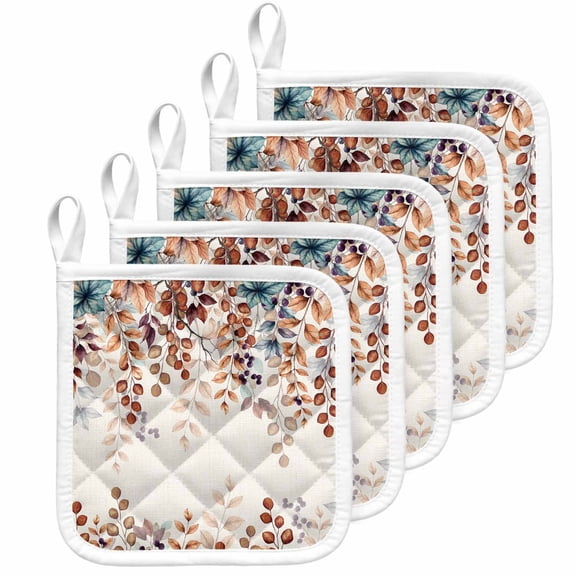 Orange Eucalyptus Leaves Pot Holders for Kitchen Heatproof Potholder, 5 Pack Botanical Fall Rustic Beige Hot Pads Multipurpose Oven Pads Cloth Potholders Trivet for Cooking Baking