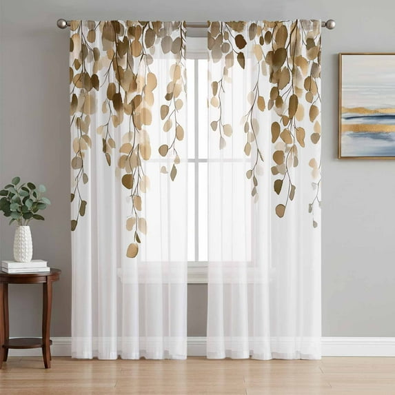 Orange Eucalyptus Leaves Semi Sheer Curtains 63 Inch Length 2 Panels Set, Weeping Spring Botanical Summer Sheer Kitchen Curtain Privacy Voile Window Curtain for Living Room Bedroom Rod Pocket Drapes