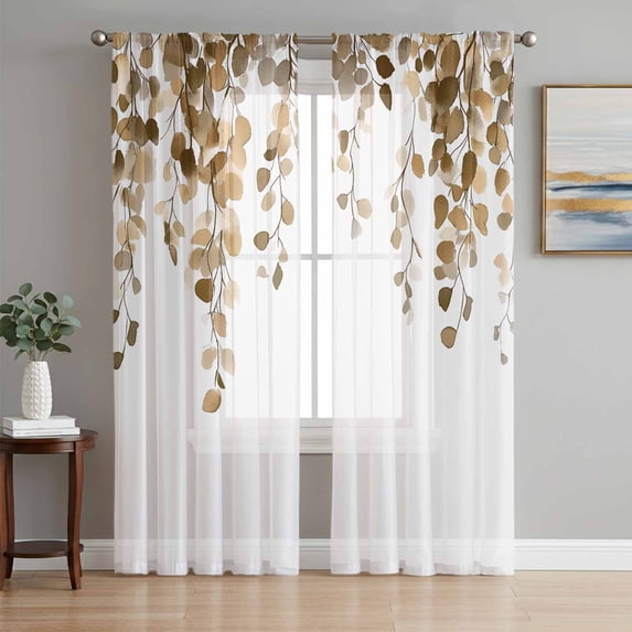 Orange Eucalyptus Leaves Semi Sheer Curtains 72 Inch Length 2 Panels Set, Weeping Spring Botanical Summer Sheer Kitchen Curtain Privacy Voile Window Curtain for Living Room Bedroom Rod Pocket Drapes