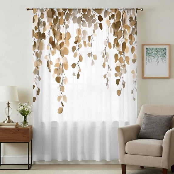 Orange Eucalyptus Leaves Sheer Curtains 63 Inches Long, Weeping Spring Botanical Summer Light Filering Curtains, Breathable Simi Curtain Privacy Drapes for Living Room Bedroom Window Treatment