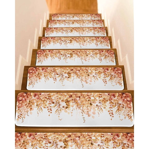 Orange Eucalyptus Leaves Stair Treads for Wooden Steps Indoor Runner Rug Carpet, Spring Floral Summer Botanical 4 Pieces Peel and Stick Staircase Step Treads Covers Washable Throw Door Mats, 30"x8"