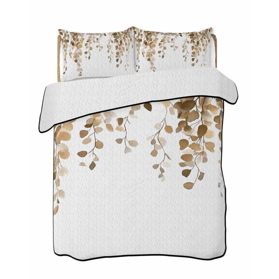Orange Eucalyptus Leaves Summer Quilt Set Full Size,Soft Quilted Bedding Set with 2 Pillow Shams,Weeping Spring Botanical Summer Lightweight All Season Bedspread Coverlet for Bedroom 78"x90"