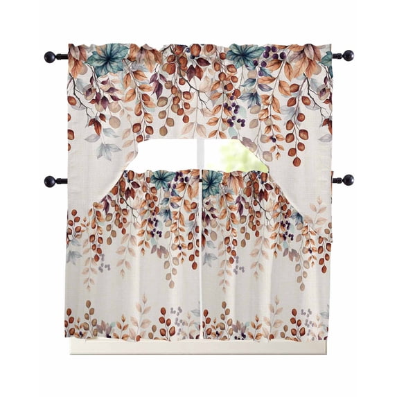 Orange Eucalyptus Leaves Swag Curtains for Living Room/Bedroom Windows, Botanical Fall Rustic Beige Kitchen Curtains and Valances Set 36 Inch Length, Light Filtering Swags Valance Curtain Panels