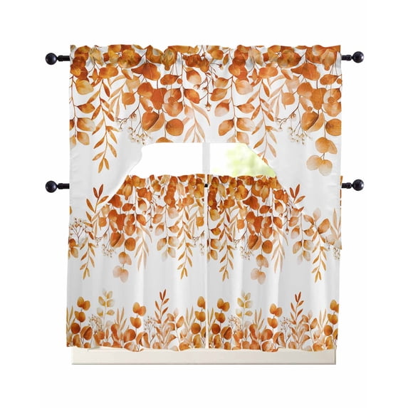Orange Eucalyptus Leaves Swag Kitchen Curtains Sets for Windows 24 Inch Length, Spring Summer Botanical Short Window Curtain Panels Swags Valances and Tiers 3 Piece Set for Cafe/Dining Room