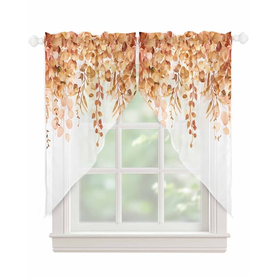 Orange Eucalyptus Leaves Swag Valances for Windows, Spring Floral Summer Botanical Rod Pocket Sheer Valances for Large Windows, Swag Toppers Light Filtering for Kitchen Living Room 2 Panels 36''x63''