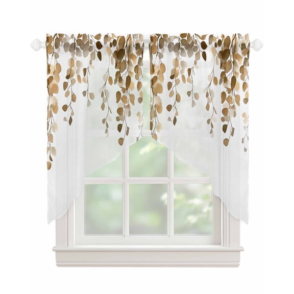 Orange Eucalyptus Leaves Swag Valances for Windows, Weeping Spring Botanical Summer Rod Pocket Sheer Valances for Windows, Swag Toppers Light Filtering for Kitchen Living Room 2 Panels 28''x36''