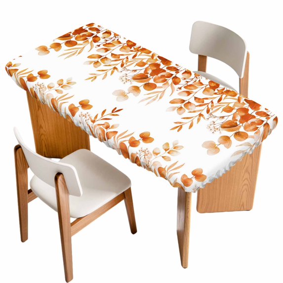 Orange Eucalyptus Leaves Table Cloths for 5 Foot Rectangle Tables, Spring Summer Botanical Patio Waterproof Elastic Fitted Tablecloths, Washable Rectangular Table Cover for Camping