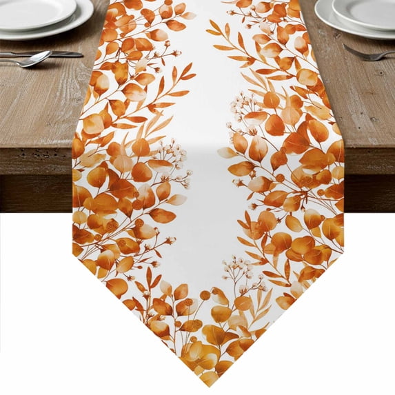 Orange Eucalyptus Leaves Table Runner Linen Burlap Table Runner 90 Inches Long Spring Summer Botanical Dresser Scarves for Kitchen Island Coffee Dining Party Wedding Banquet Holiday Decor 13"x90"