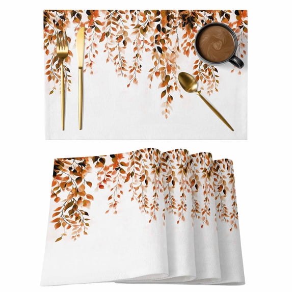 Orange Eucalyptus Placemats Set of 4, Fall Weeping Botanical Leaf Watercolor Placemats for Dining Table, Place Mats for Kitchen Tabletop, Waterproof Wipeable Dining Table Mats Set
