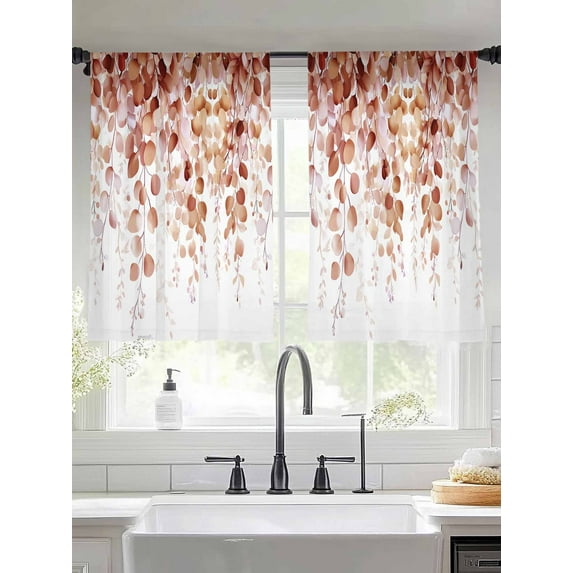 Orange Eucalyptus Sheer Curtains for Living Room Bedroom Botanical Leaves Branch Spring Summer Sheer Curtains 45 Inch Long 2 Panels Set Light Filtering Curtain Window Treatments Drapes