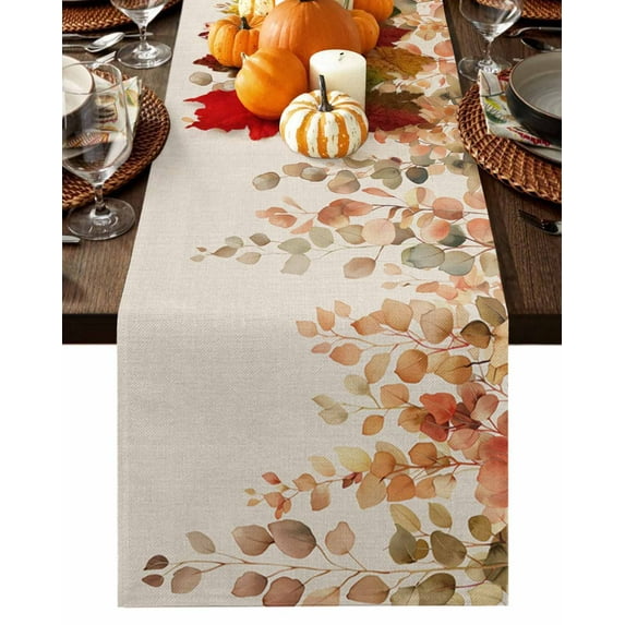 Orange Eucalyptus Table Runner-Cotton Linen- 120 Inch Holiday Dresser Scarves, Fall Vintage Beige Botanical Plant Leaves Tablerunner for Kitchen Coffee/Dining Living Room Dinner Scarf Décor 13x120