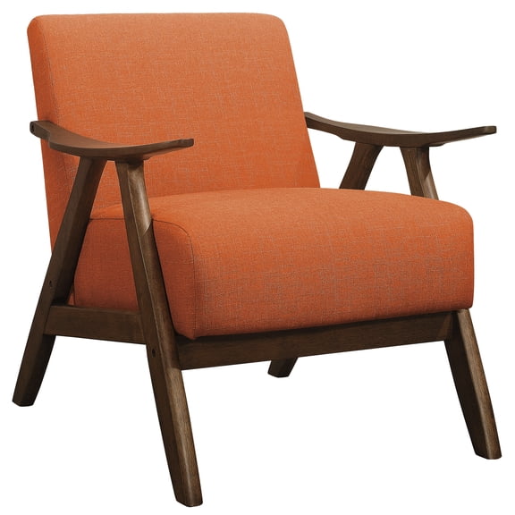 Orange Fabric Accent Chair For Room: Solid Wood Frame, Walnut Finish Retro Inspired With Foam Padding And Rubber Frame Home